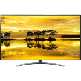 LG 65SM9010PLA Ultra HD 4K LED televizyon; gün batımı manzaralı ekran görüntüsü, siyah tasarım.