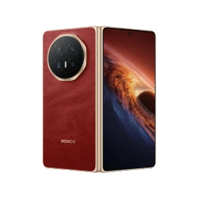 Honor Magic V6 kırmızı akıllı telefon, katlanabilir tasarım ve büyük ekranlı ön-arka görünüm, vitrin çekimi