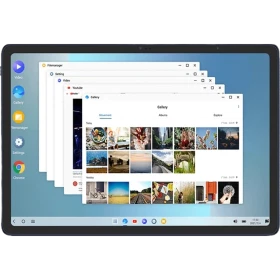 TCL NXTPAPER 12 Pro lacivert öğrenci tabletinde çoklu uygulama pencereleri ve galeri ekranı görünüyor