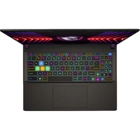 MSI Vector 16 HX A13VHG-495TR koyu gri oyuncu laptop; RGB aydınlatmalı klavye ve siyah şık tasarım görünüyor.