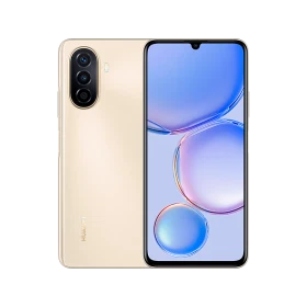 Huawei Nova Y71 altın akıllı telefon, ön ekran ve arka üçlü kamera tasarımını gösteren vitrin görünümü