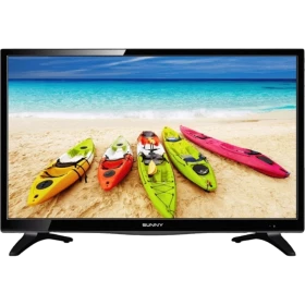 Sunny SN39LEDA10 HD Ready HD TV, sahilde kanoları gösteren siyah çerçeveli televizyon