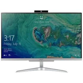 Acer Aspire C24-865 masaüstü bilgisayar, ince çerçeveli ekranı ve gümüş renkli standıyla önden görünüm