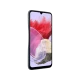 Samsung M34 5G mavi akıllı telefon, önden eğimli açıyla ve renkli ekran arka planıyla gösteriliyor