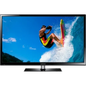 Samsung PS51F4900 HD Ready HD TV siyah ekranlı, standlı televizyon vitrin görünümü, genel renk.