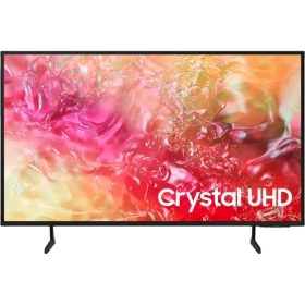 Samsung 43DU7100 Ultra HD 4K LED televizyon; ince çerçeveli, renkli dinamik ekranlı vitrinde ürün görünüyor