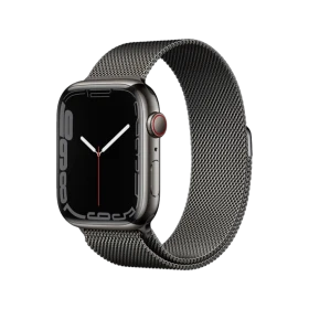 Apple Watch Series 7 Cellular 45 mm siyah paslanmaz çelik kasa ve Milano Loop akıllı saat, önden görünüm