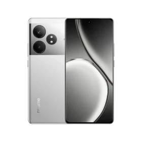 Realme GT 6T gümüş akıllı telefon, ön ekran ve çift kamera modüllü arka yüz tasarımıyla vitrin görünümü