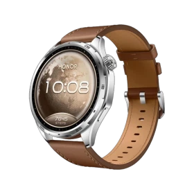Honor Watch 6 Kahverengi akıllı saat, yuvarlak ekranı ve kahverengi deri kayışıyla önden görünür halde