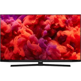 Arçelik A55 A 965 B Ultra HD 4K LED televizyon, kırmızı ve mor ekranıyla önden görünüm