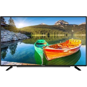 Grundig 40 VLE 6830 BP Full HD FHD LED televizyon, göl ve renkli tekneler görüntüsüyle önden görünür