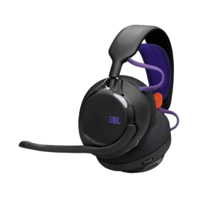 JBL Quantum 650 Kablosuz siyah kulaklık, mor detayları ve mikrofonuyla önden görünüm