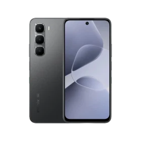 Siyah Infinix Hot 60 5G akıllı telefon, önden ekran ve arkadan üçlü kamera modülü görünümü