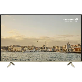 Grundig 58 GEU 8910 B Ultra HD 4K LED televizyon, şehir manzarası gösteren siyah ekranlı TV