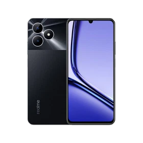 Realme Note 50 siyah akıllı telefon, ön ekran ve arka kamera tasarımıyla vitrin görünümü