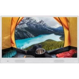 Vestel 32H9520B HD Ready LED TV, kamp çadırı manzarası gösteren beyaz çerçeveli televizyon