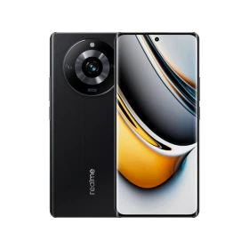 Realme 11 Pro siyah akıllı telefon, ön ekran ve arka kamera modülüyle vitrin görünümü