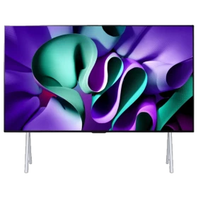LG OLED97M49LA Ultra HD 4K OLED televizyon; canlı renkli soyut ekran, ince metal ayaklarla sergileniyor.
