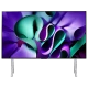 LG OLED97M49LA Ultra HD 4K OLED televizyon; canlı renkli soyut ekran, ince metal ayaklarla sergileniyor.