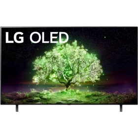 LG OLED48A16LA Ultra HD 4K OLED televizyon, ekranda yeşil ağaç ve yıldızlı uzay teması. Genel renkli.