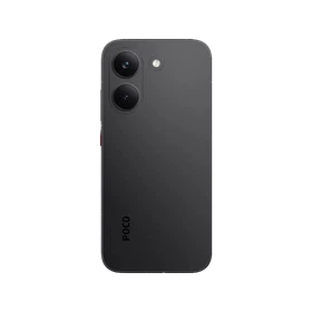 Siyah Poco X8 Pro akıllı telefonun arka yüzeyi, çift kamera modülü ve sade tasarımıyla önden görünüm