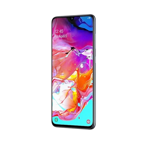 Siyah Samsung Galaxy A70 akıllı telefon, geniş ekran ve ince çerçeveli ön görünüm
