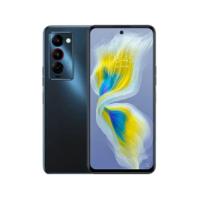 Tecno Camon 18 Premier mavi akıllı telefon, ön ekran ve arka üçlü kamera tasarımıyla vitrin görünümü