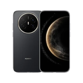 Siyah Huawei Mate 70 Air akıllı telefonun ön ve arka görünümü, dairesel çoklu kamera modülüyle ana vitrin görünseli