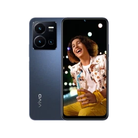 Vivo Y35 siyah akıllı telefon, arka kamera modülü ve tam ekran ön yüzüyle vitrin görünümü