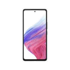 Samsung Galaxy A53 siyah akıllı telefon, önden görünüm; ince çerçeveli ekran ve ortada ön kamera deliği