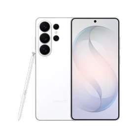 Beyaz Samsung Galaxy S26 Ultra akıllı telefon, arka üçlü kamera ve S Pen ile ön-arka görünüm