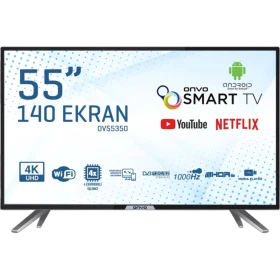 Onvo OV55350 Ultra HD 4K LED televizyon, siyah çerçeveli 55 inç ekran ve ayaklı tasarım