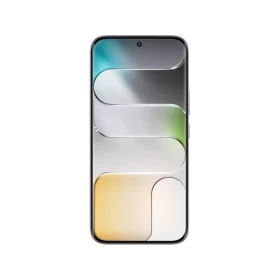 Tecno Camon Slim 5G beyaz telefon, ön yüzü ve renkli geometrik ekran tasarımıyla siyah fonda.