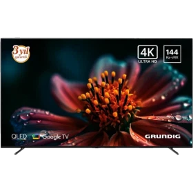 Grundig 85 GQ 880 Ultra HD 4K QLED LED televizyon, siyah çerçeveli geniş ekran ve çiçek görüntüsüyle gösteriliyor
