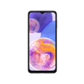Siyah Samsung Galaxy A23 akıllı telefonun önden görünümü, çentikli ekran ve renkli duvar kâğıdıyle