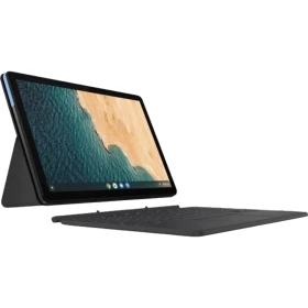 Lenovo IdeaPad Duet Chromebook, koyu gri renkli iş ve ofis tablet tasarımı, ekran görünümü önden.