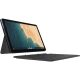 Lenovo IdeaPad Duet Chromebook, koyu gri renkli iş ve ofis tablet tasarımı, ekran görünümü önden.