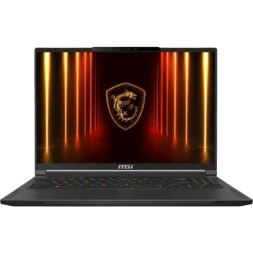 MSI Stealth A16 AI+ A3XWHG-062TR siyah oyuncu laptop ekranında ejderha logosu ve ışık efekti görünüyor