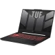 Asus TUF Gaming F15 FX507VV-LP241 koyu gri oyuncu laptop; kırmızı aydınlatmalı klavye ve açılır ekran görünüyor