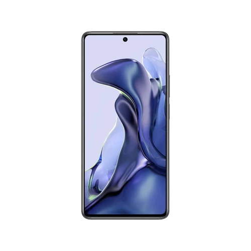 Xiaomi 11T Pro siyah akıllı telefon, önden görünüm; ince çerçeveli ekran ve orta delikli ön kamera