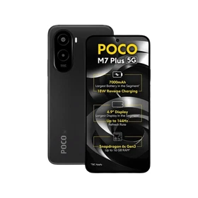 Siyah Poco M7 Plus 5G akıllı telefon, ön ekran ve çift kameralı arka tasarımıyla vitrin görünümü
