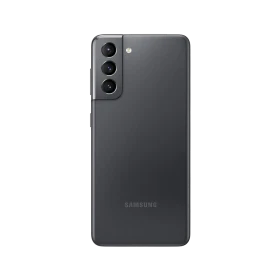Gri Samsung Galaxy S21 akıllı telefonun arka yüzü, üçlü kamera modülü ve sade tasarım detayı