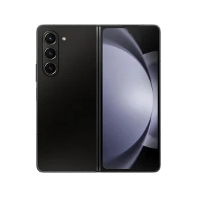 Siyah Samsung Galaxy Z Fold5 akıllı telefon, katlanabilir tasarım ve üçlü arka kamera görünümü