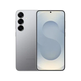 Samsung Galaxy S25 Plus gümüş akıllı telefonun ön ve arka yüzü, üçlü kamera tasarımıyla vitrin çekimi