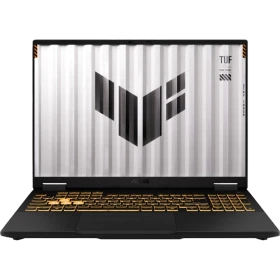 Asus TUF Gaming F16 FX608JM-RV076 koyu gri oyuncu laptop; açık ekran ve RGB tuşlu klavye görünüyor.