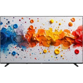 Vestel 65QG9840 Ultra HD 4K QLED televizyon, renkli ekran görüntüsü ve ince siyah çerçevesiyle önden görünüm
