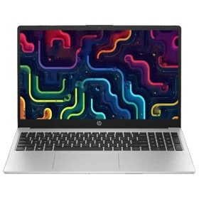 HP 250 G10 9G1E6ET14 gri iş ve ofis laptopu; renkli devre desenli ekran ve siyah klavye görünüyor
