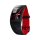 Samsung Gear Fit 2 Pro siyah akıllı bileklik, kırmızı iç kayışı ve renkli ekranıyla önden görünüm