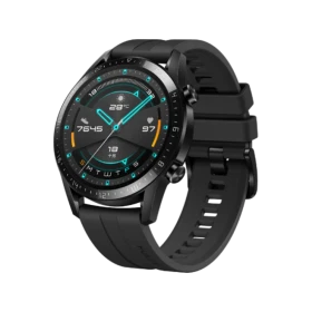 Huawei Watch GT 2 Sport 46mm siyah akıllı saat, yuvarlak kadranı ve silikon kayışıyla üç çeyrek açıdan görünür.