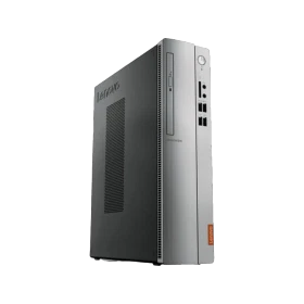 Lenovo 510S 90GB0098TX masaüstü bilgisayar, dikey konumda gümüş renkli ince kasa tasarımıyla.